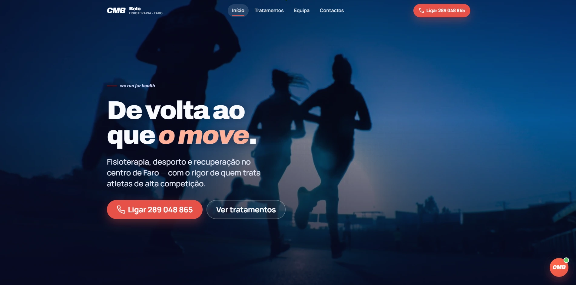 Página inicial do site da CMB Belo Fisioterapia, com o título "De volta ao que o move" e o botão de chamada direta