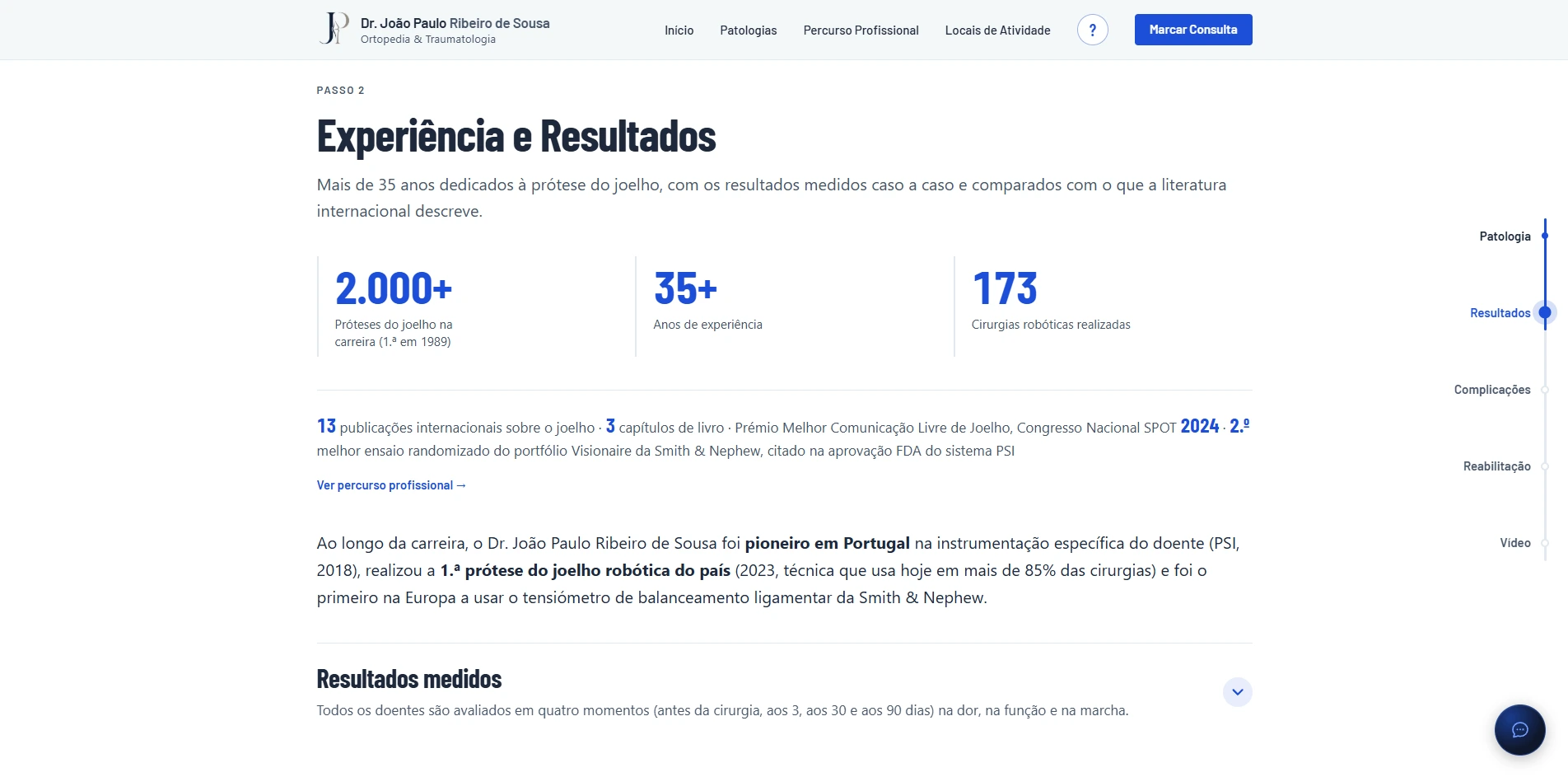 Página "Experiência e Resultados" do site do Dr. João Paulo Ribeiro de Sousa, sobre a prótese do joelho