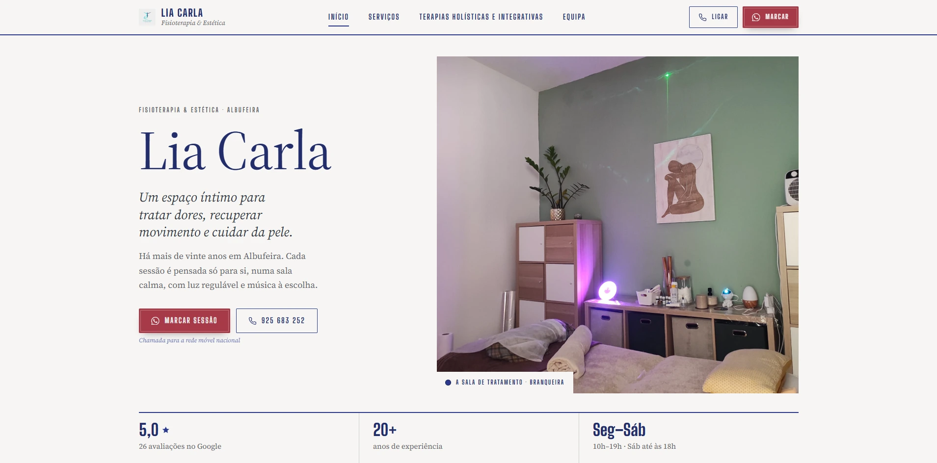 Página inicial do site da Lia Carla, fisioterapia e estética em Albufeira, com a sala de tratamento