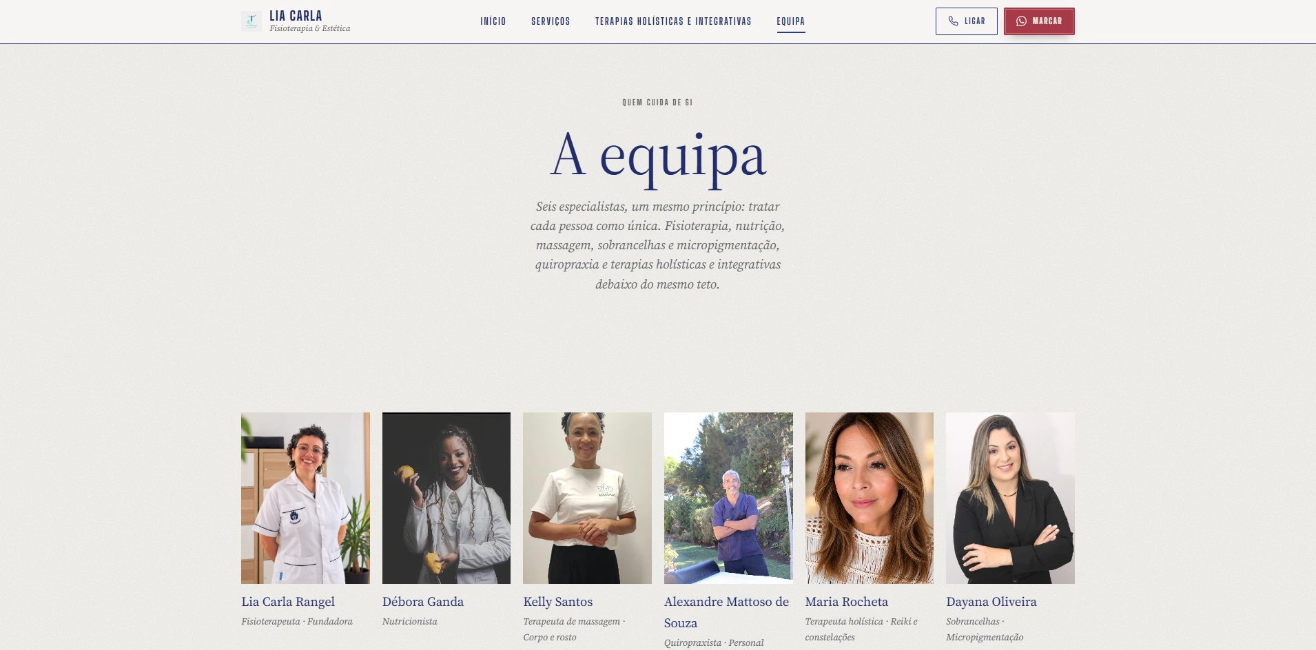 Página da equipa do site da Lia Carla, com os seis especialistas que trabalham no espaço