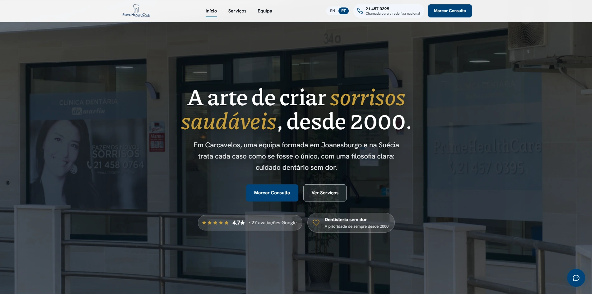 Página inicial do site da Prime HealthCare, com o título "A arte de criar sorrisos saudáveis, desde 2000"